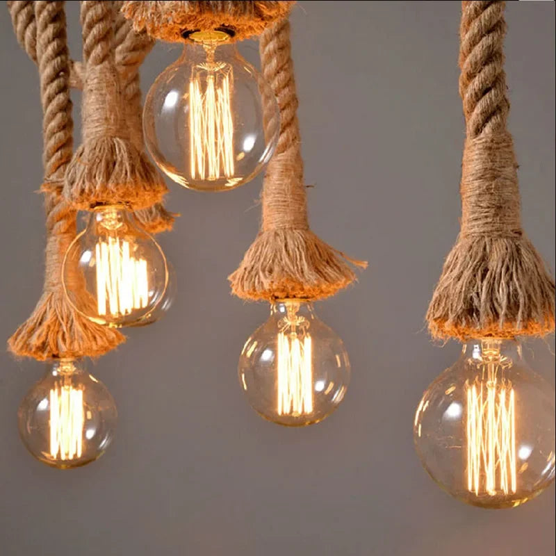 RustiGlow: Vintage Hemp Rope Pendant Lamp – E27 Loft-Style Hanging Light